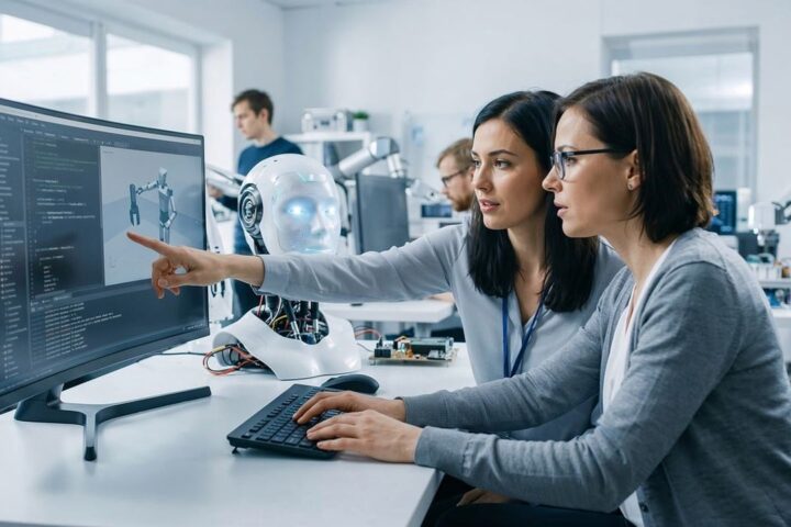Two women working at computers in a robotics lab