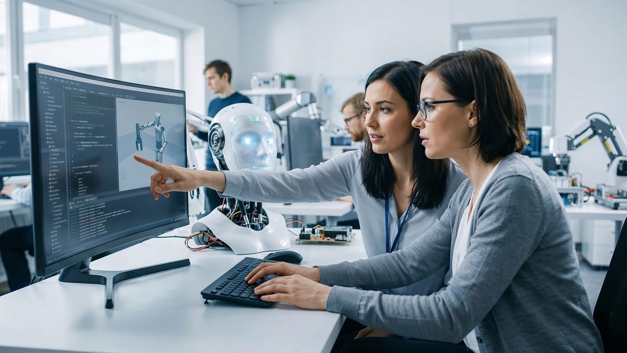 Two women working at computers in a robotics lab