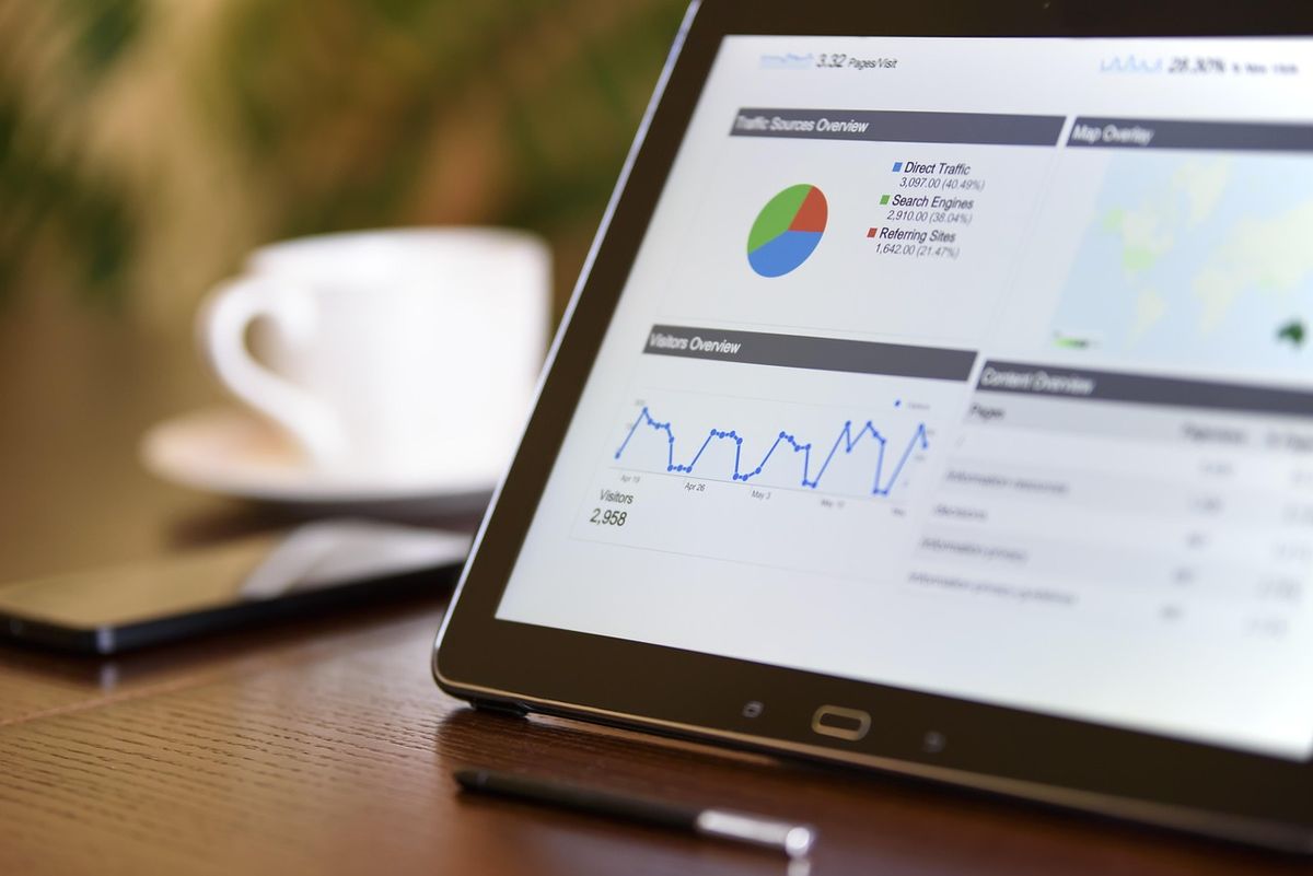 Tablet showing analytics charts beside a coffee cup