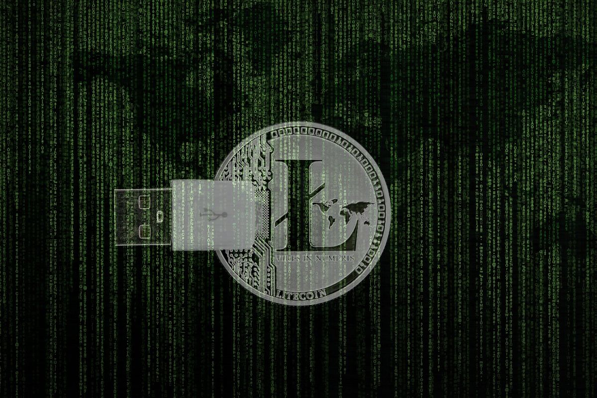 Litecoin symbol over a green digital code background