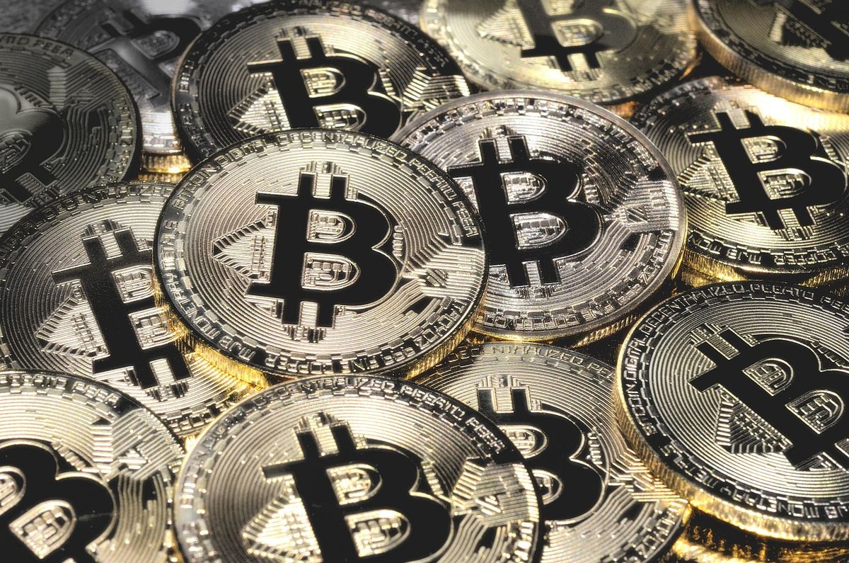 Close-up of a heap of bitcoin coins