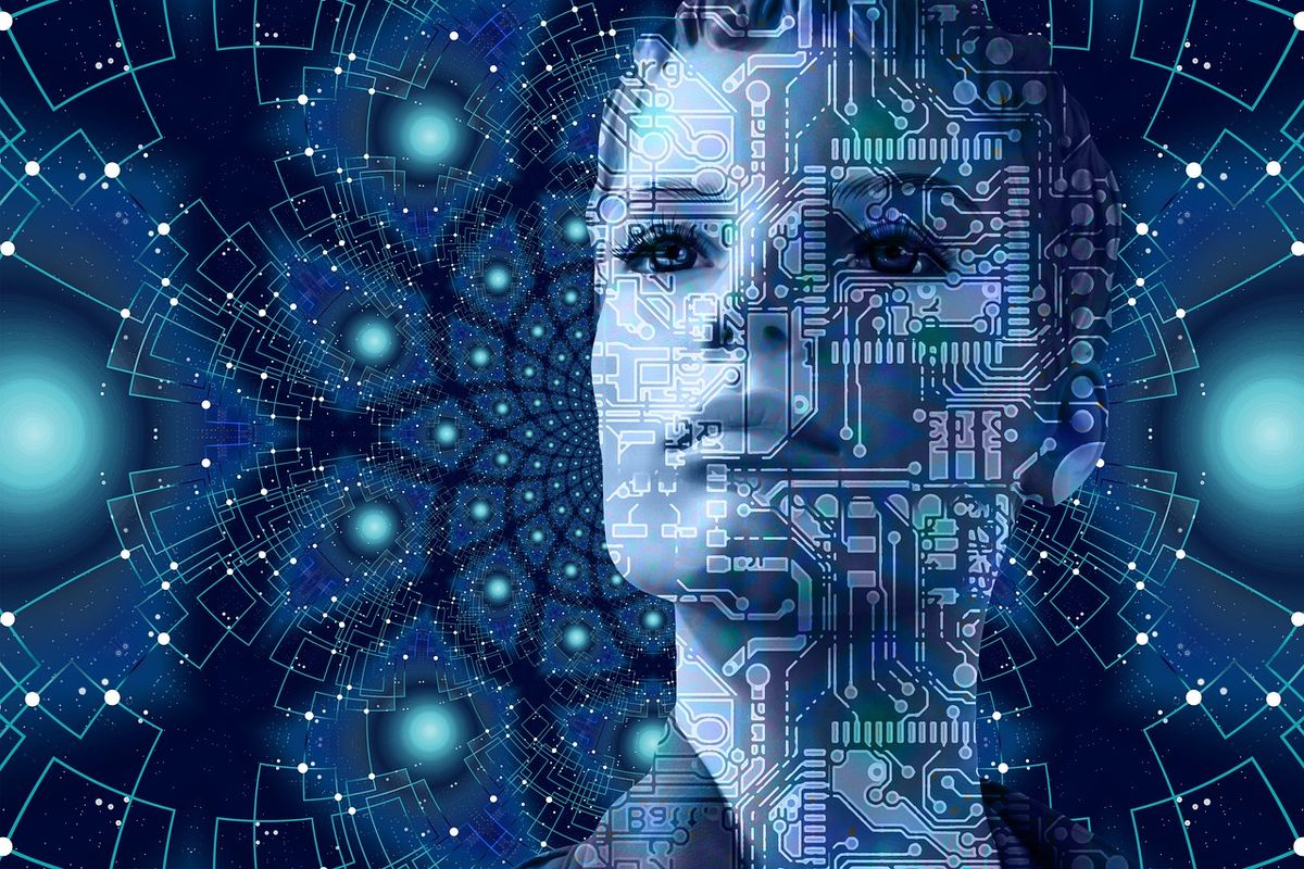 Digital face made of glowing circuitry