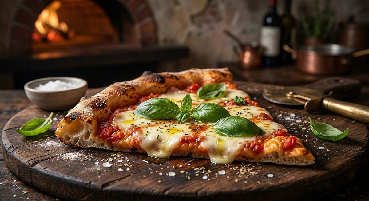 Slice of margherita pizza with basil on a wooden board