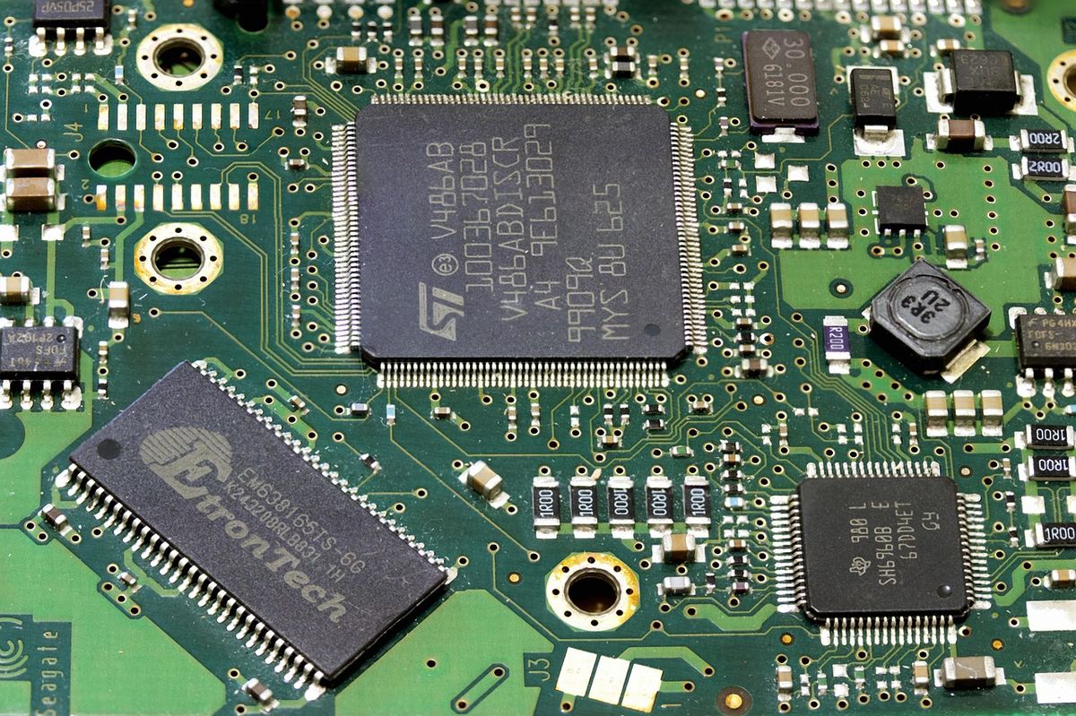 Circuit board covered in electronic components
