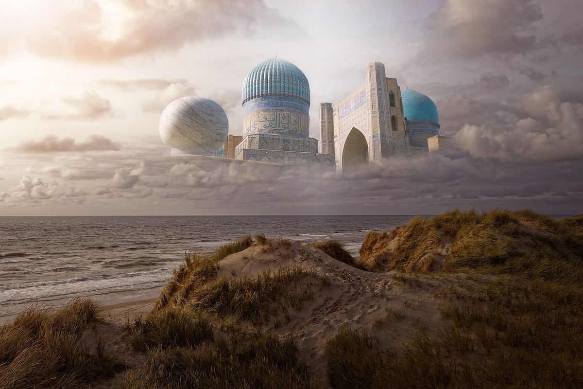Fantasy domed city above a misty shoreline