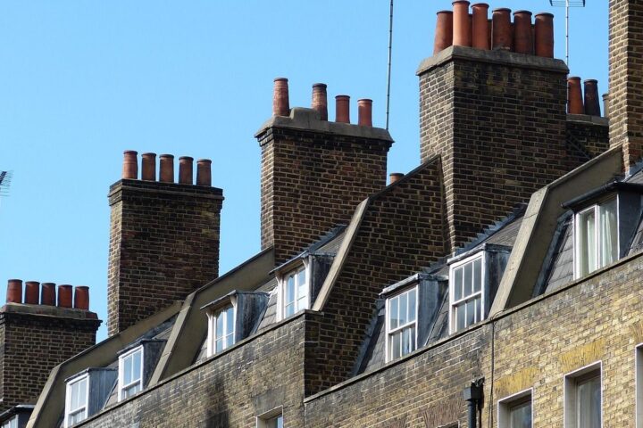 London brick terraced houses with rows of chimneys