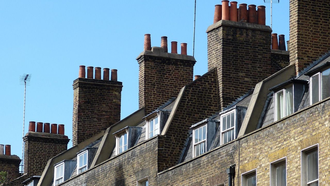 London brick terraced houses with rows of chimneys