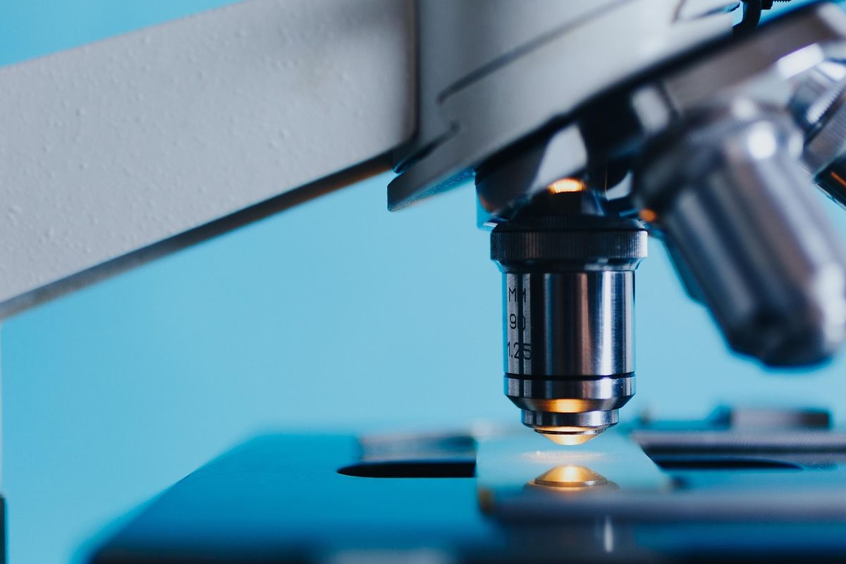 Close-up of a laboratory microscope lens