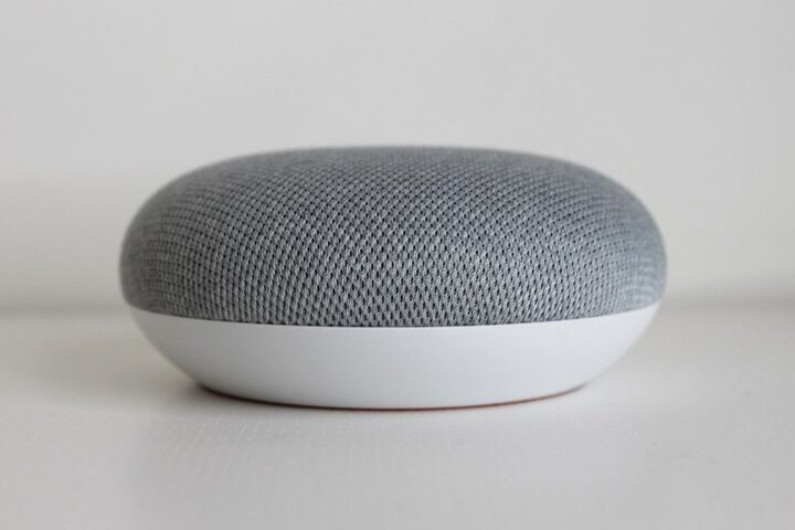 Grey smart speaker on a table