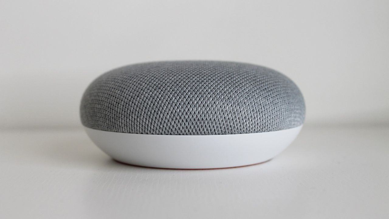Grey smart speaker on a table