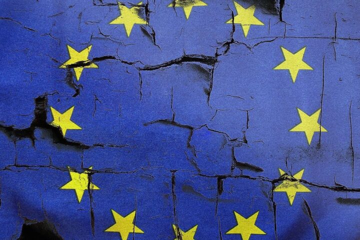 Cracked and peeling European Union flag, symbolising Brexit