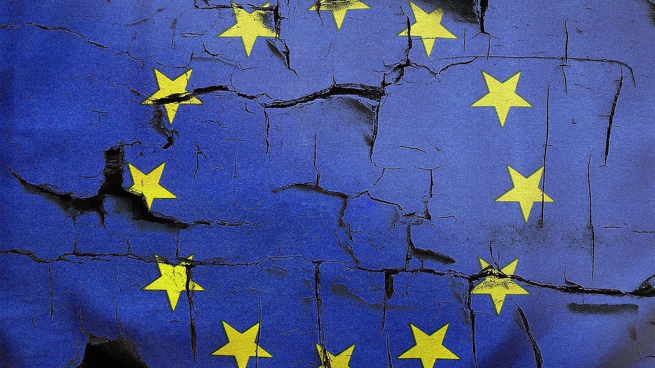Cracked and peeling European Union flag, symbolising Brexit
