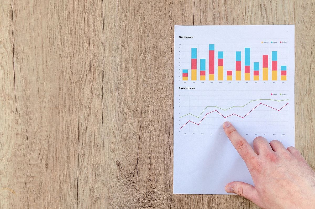 Finger pointing at a bar chart on a printed report