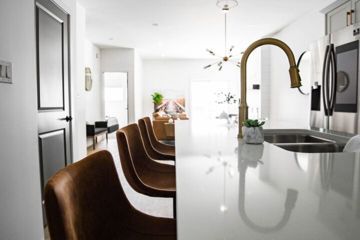 Bright modern kitchen with island and bar stools